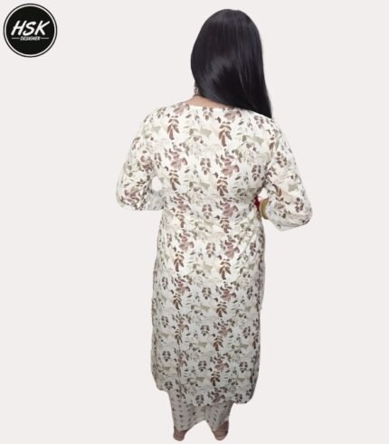 Traditional Floral Print Cotton Kurti Set with Embroidered Neckline, White and Brown, Churidar Pants with Dupatta