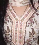 Traditional Floral Print Cotton Kurti Set with Embroidered Neckline, White and Brown, Churidar Pants with Dupatta