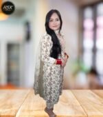Traditional Floral Print Cotton Kurti Set with Embroidered Neckline, White and Brown, Churidar Pants with Dupatta
