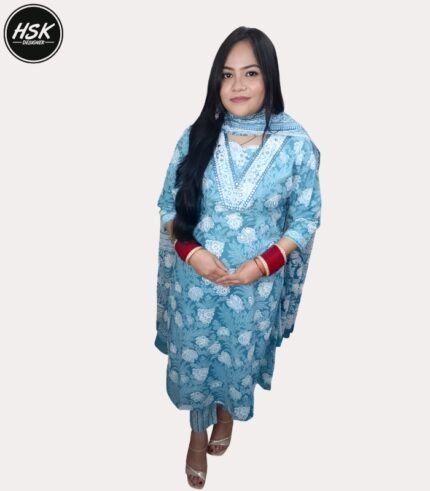 Women's Chikankari Cotton Kurti Set with Dupatta, Light Blue Floral Embroidered, Traditional Indian Dress