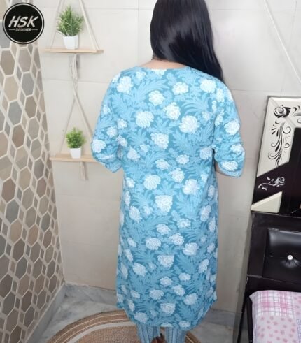 Women's Chikankari Cotton Kurti Set with Dupatta, Light Blue Floral Embroidered, Traditional Indian Dress