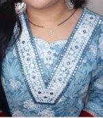 Women's Chikankari Cotton Kurti Set with Dupatta, Light Blue Floral Embroidered, Traditional Indian Dress