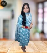 Women's Chikankari Cotton Kurti Set with Dupatta, Light Blue Floral Embroidered, Traditional Indian Dress