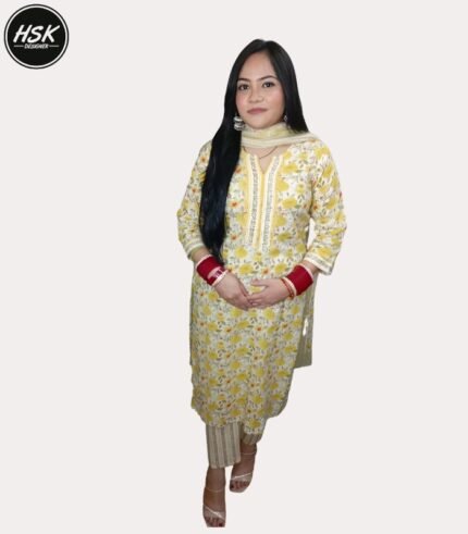 Women's Floral Printed Kurti Set with Dupatta, Yellow and White, Traditional Embroidered Neckline