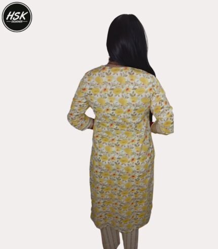 Women's Floral Printed Kurti Set with Dupatta, Yellow and White, Traditional Embroidered Neckline