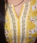 Women's Floral Printed Kurti Set with Dupatta, Yellow and White, Traditional Embroidered Neckline