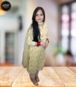 Women's Floral Printed Kurti Set with Dupatta, Yellow and White, Traditional Embroidered Neckline
