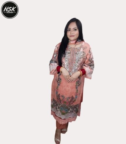 Floral Print Salwar Kameez Set, Peach Pink Cotton Kurti with Embroidery, Traditional Indian Dress