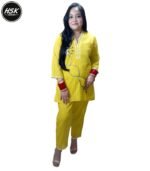 Yellow Cotton Embroidered Kurta Pant Set, V-Neck with White Pom-Pom Trim, Floral Design
