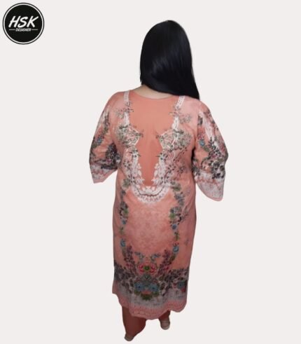 Floral Print Salwar Kameez Set, Peach Pink Cotton Kurti with Embroidery, Traditional Indian Dress