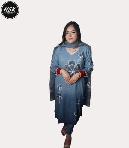 Women's Floral Print Kurti Set, Blue Ombre with White Embroidery, V-Neck Long Sleeve Design