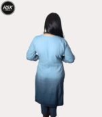 Women's Floral Print Kurti Set, Blue Ombre with White Embroidery, V-Neck Long Sleeve Design