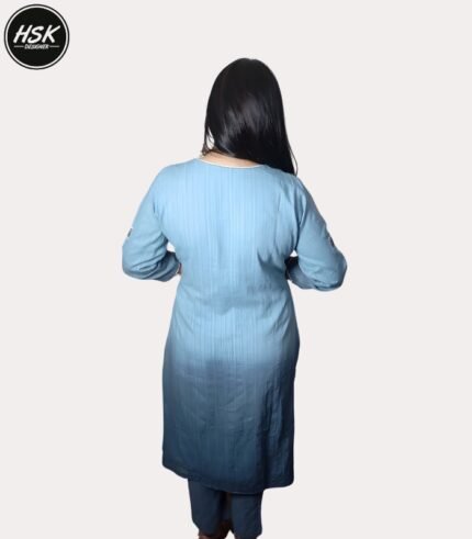 Women's Floral Print Kurti Set, Blue Ombre with White Embroidery, V-Neck Long Sleeve Design