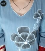 Women's Floral Print Kurti Set, Blue Ombre with White Embroidery, V-Neck Long Sleeve Design