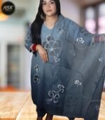 Women's Floral Print Kurti Set, Blue Ombre with White Embroidery, V-Neck Long Sleeve Design