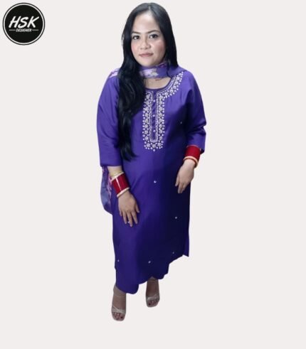 Traditional Purple Embroidered Kurti Set with Floral Dupatta, Cotton Salwar Suit with Silver Work