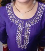 Traditional Purple Embroidered Kurti Set with Floral Dupatta, Cotton Salwar Suit with Silver Work